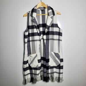 IMAn Black & White Fleece Sleeveless duster fringed Cardigan vest Size M/L